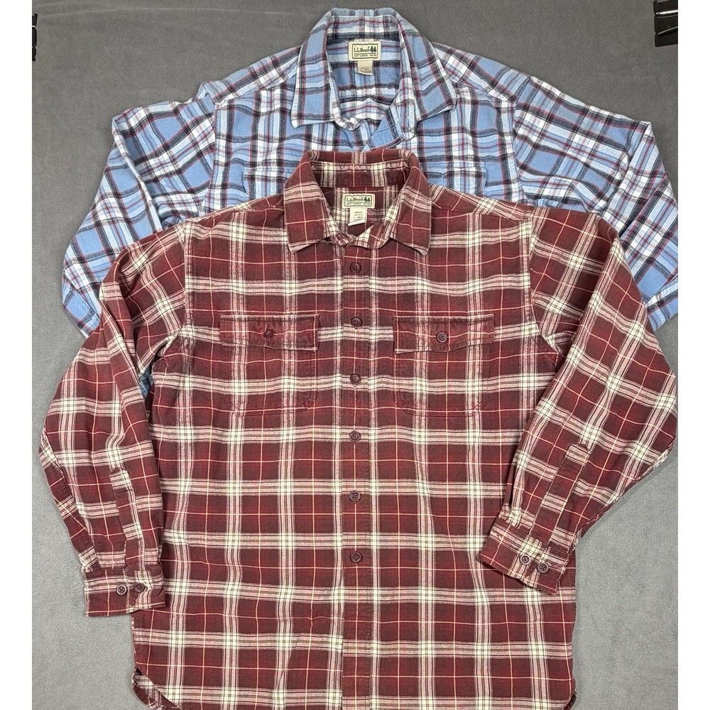 L.L. Bean Flannel Shirt Men L Large Regular Plaid Button Up Cotton 2 Pack Bundle